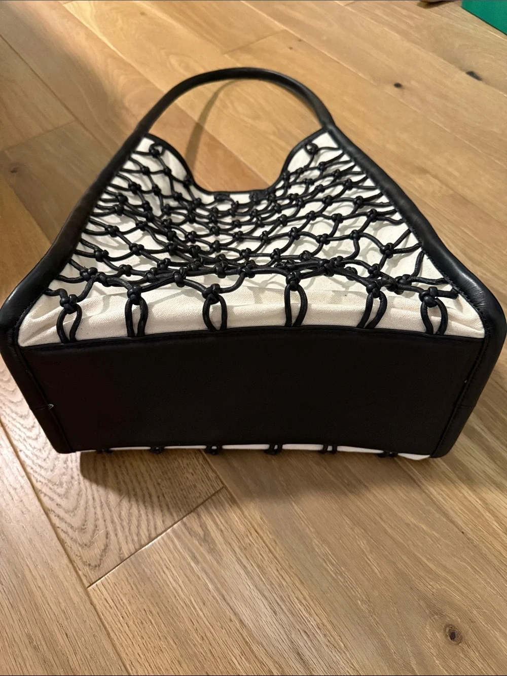 Madewell Black Knotted Leather Net Tote over Cream Canvas